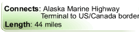 Haines Highway connects AMHS terminal to US/Canada border, length 44 miles